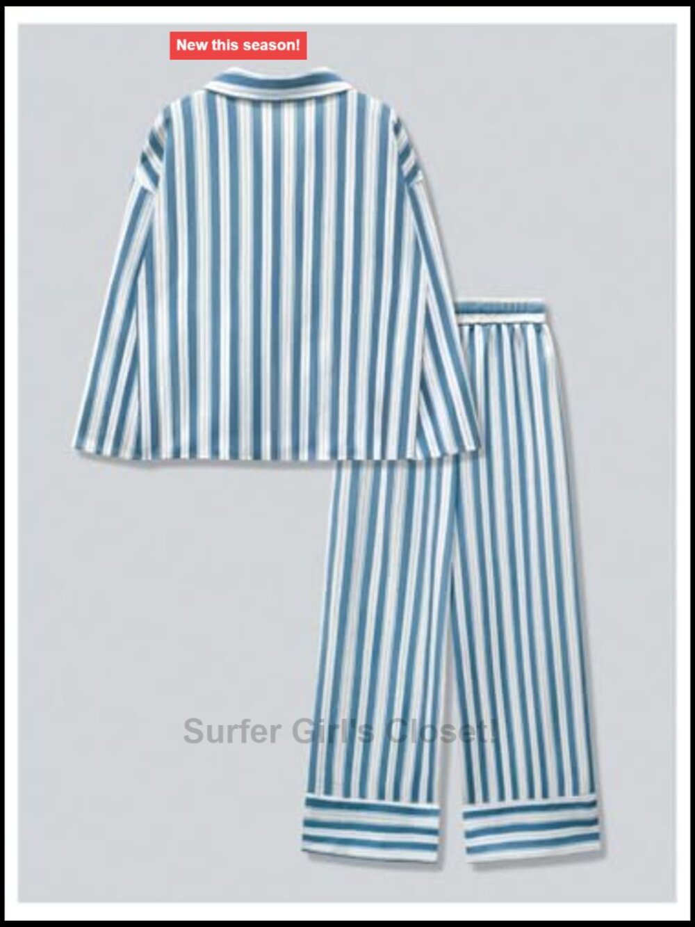 Striped Two Piece Pant Set Long Sleeve Button Down Blouse and Drawstring Waist - Picture 5 of 6